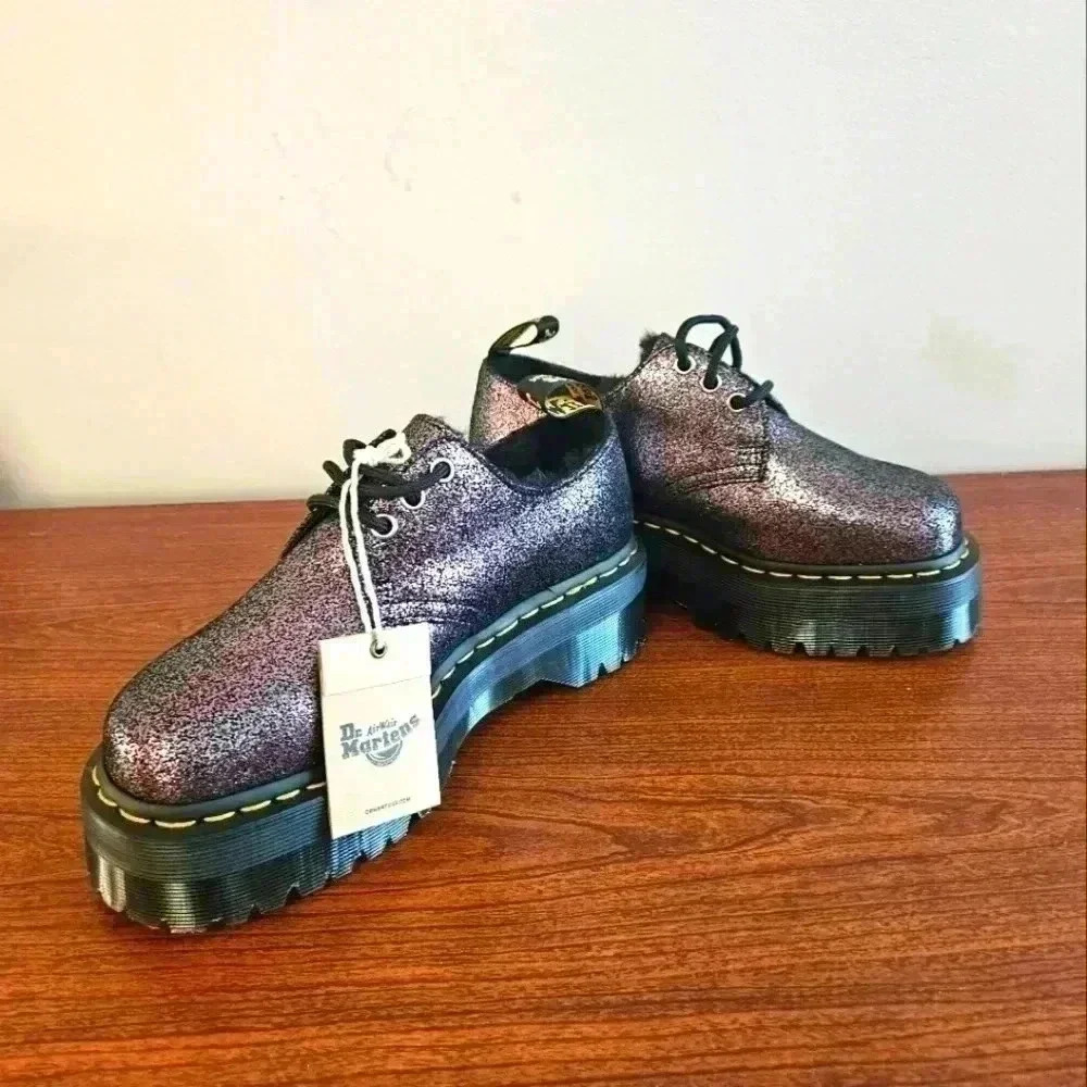 Dr. Martin's  1461 Quad Platform Derby Faux Fur Lined Shimmered Metallic Size 7